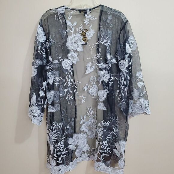 Suzanne Betro Sheer Embroidered Top Womens Large Black Kimono Tunic Open Front - Picture 6 of 9
